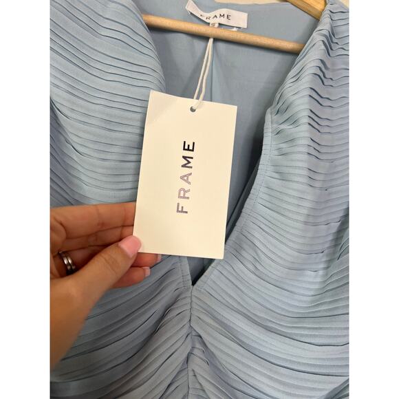 NWT Frame Pleated Billow Sleeve V-Neck Long Sleeve Blouse Top Chambray Blue - Picture 4 of 8